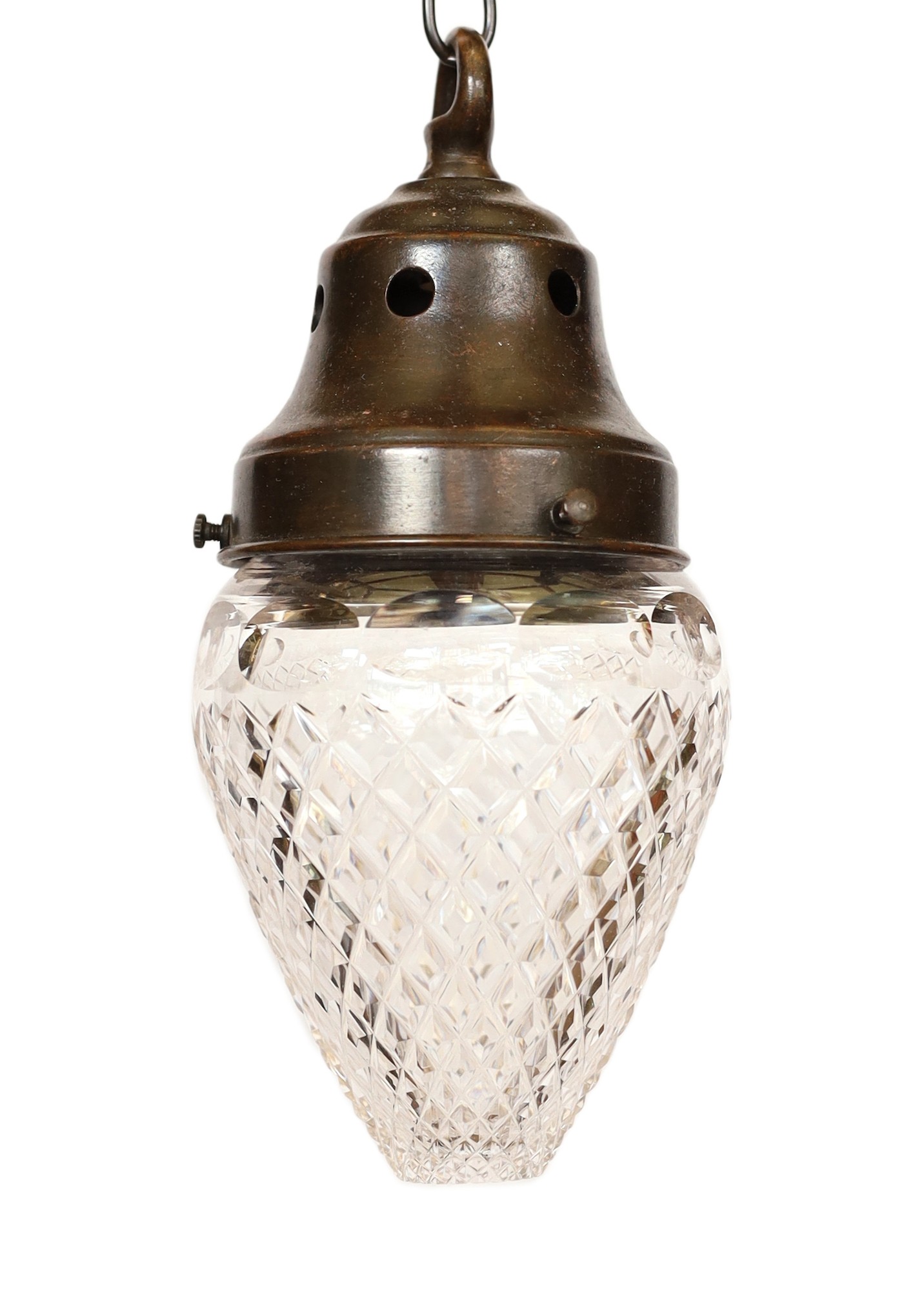 An Edwardian cut glass light pendant with bronzed mount, height 24 cm